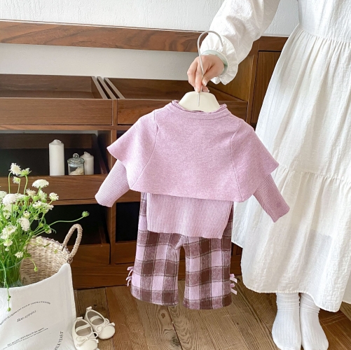 Autumn Infant Baby Kids Girls Long Sleeves Solid Color Top, Vest with Plaid Pants Casual Clothing Sets Wholesale