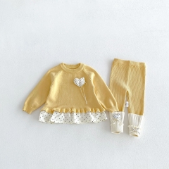 Autumn Infant Baby Kids Girls Long Sleeves Color Patchwork Sweater and Pants Cute Knitted Clothing Sets Wholesale