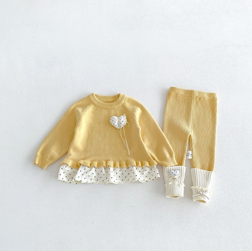Autumn Infant Baby Kids Girls Long Sleeves Color Patchwork Sweater and Pants Cute Knitted Clothing Sets Wholesale