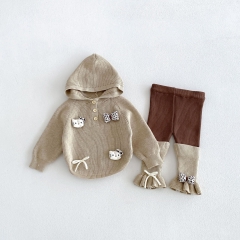 Autumn Infant Baby Kids Girls Long Sleeves Cartoon Pattern Hoodie and Color Patchwork Pants Cute Knitted Clothing Sets Wholesale
