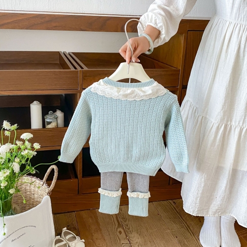 Autumn Infant Baby Kids Girls Long Sleeves Color Patchwork Cardigan and Pants Cute Knitted Clothing Sets Wholesale