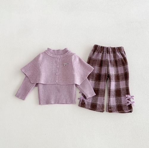 Autumn Infant Baby Kids Girls Long Sleeves Solid Color Top, Vest with Plaid Pants Casual Clothing Sets Wholesale
