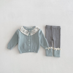 Autumn Infant Baby Kids Girls Long Sleeves Color Patchwork Cardigan and Pants Cute Knitted Clothing Sets Wholesale