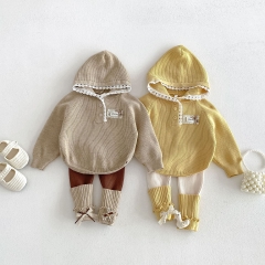 Autumn Infant Baby Kids Girls Long Sleeves Lace Trim Hoodie and Color Patchwork Pants Cute Knitted Clothing Sets Wholesale