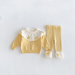 Autumn Infant Baby Kids Girls Long Sleeves Color Patchwork Sweater and Pants Cute Knitted Clothing Sets Wholesale