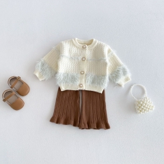 Autumn Infant Baby Kids Girls Long Sleeves Fluffy Cardigan and Plain Pants Knitted Clothing Sets Wholesale