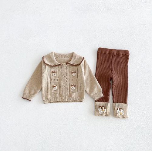 Autumn Infant Baby Kids Girls Long Sleeves Animals Cartoon Pattern Cardigan and Color Patchwork Pants Cute Knitted Clothing Sets Wholesale