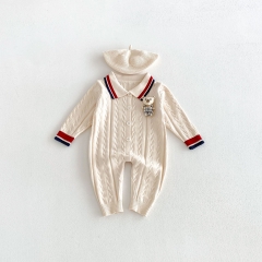 Autumn and Winter Infant Baby Unisex Preppy Teddy Bear Long Sleeve One Piece Knitted Rompers Wholesale