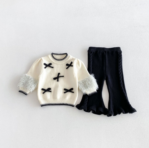 Autumn Infant Baby Kids Girls Fluffy Long Sleeves Butterfly-bows Pattern Sweater and Black Flared Pants Knitted Clothing Sets Wholesale