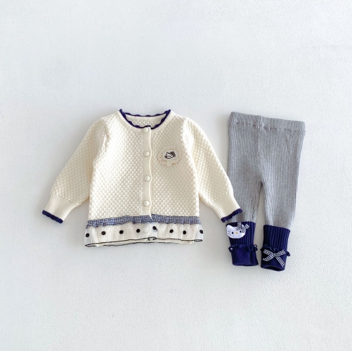 Autumn Infant Baby Kids Girls Long Sleeves Cartoon Pattern Cardigan and Color Patchwork Pants Cute Knitted Clothing Sets Wholesale