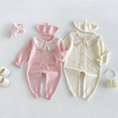 Autumn and Winter Infant Baby Girls Cute Lace Trim Collar Long Sleeve One Piece Rompers Wholesale