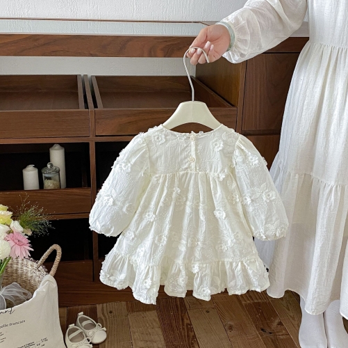 Spring and Autumn Infant Baby Girls Solid Color Long Sleeves One Piece Flowers Pattern Dress Wholesale