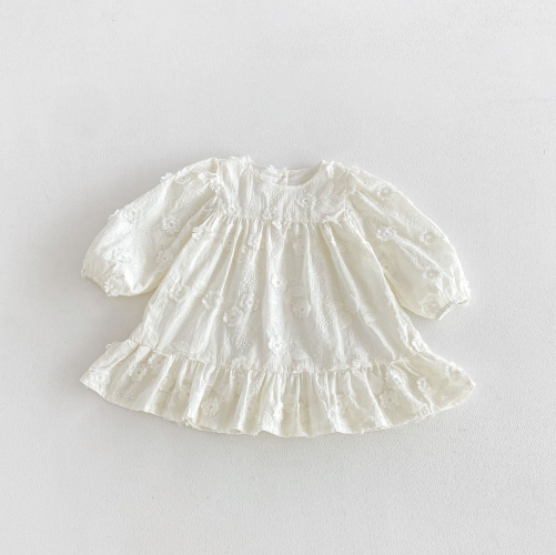 Spring and Autumn Infant Baby Girls Solid Color Long Sleeves One Piece Flowers Pattern Dress Wholesale