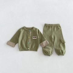 Autumn Infant Baby Kids Plaid Long Sleeves Single Breasted Cardigan and Solid Color Pants Clothing Sets Wholesale
