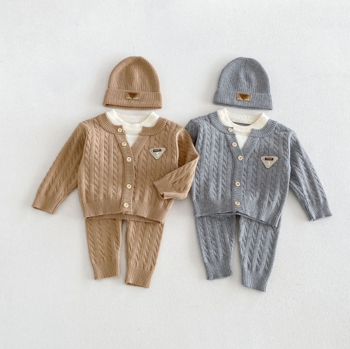 Autumn Infant Baby Kids Jacquard Long Sleeves Single Breasted Cardigan and Solid Color Pants Clothing Sets Wholesale