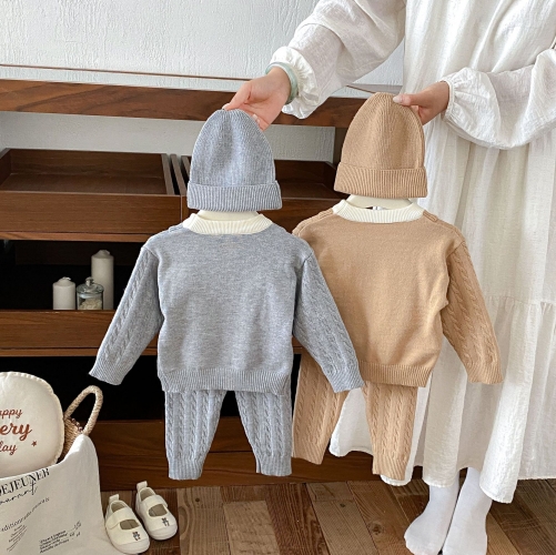 Autumn Infant Baby Kids Jacquard Long Sleeves Single Breasted Cardigan and Solid Color Pants Clothing Sets Wholesale