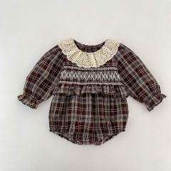 Spring and Autumn Infant Baby Girls Vintage Plaid Long Sleeves One Piece Onesies Wholesale