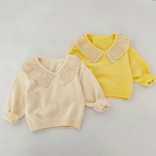 New Arrival Spring and Autumn Infant Baby Kids Girls Hollow-out Collar Long Sleeves Knitted Sweater Wholesale