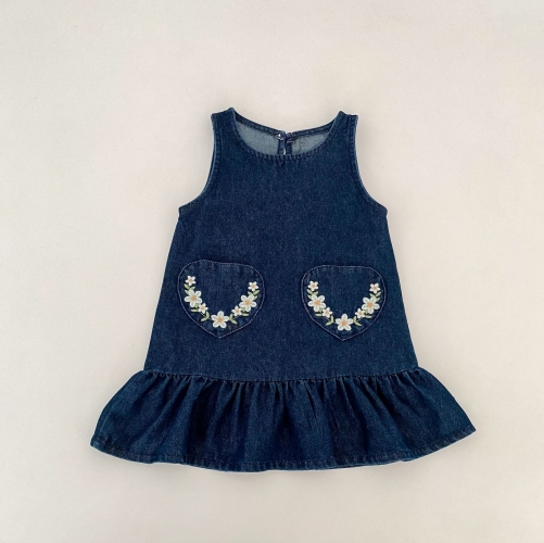 Autumn Infant Baby Kids Girls Long Sleeves Flowers Embroidered Collar Shirt and Dress Clothing Sets Wholesale