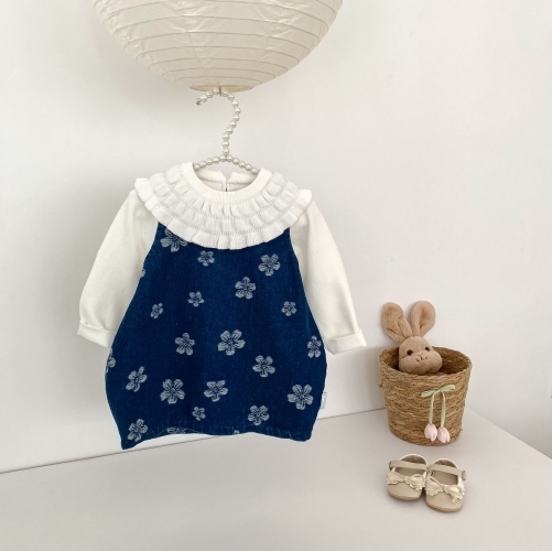 Autumn Infant Baby Kids Girls Long Sleeves Solid Color Top and Flowers Jacquard Dress Clothing Sets Wholesale Autumn Infant Baby Kids Girls Long Sleeves Solid Color Top and Flowers Jacquard Dress Clothing Sets Wholesale