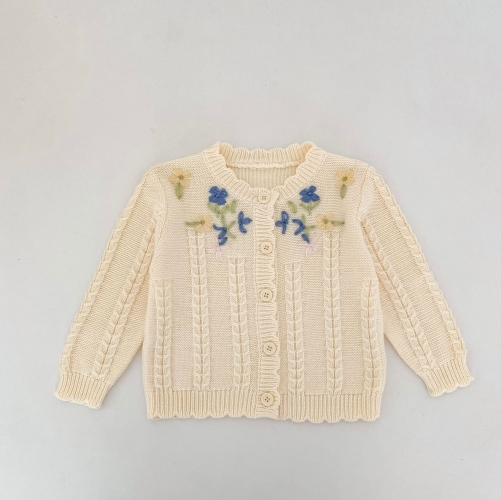 New Arrival Spring and Autumn Infant Baby Kids Girls Flower Embroidered Pattern Long Sleeves Knitted Cardigan Wholesale