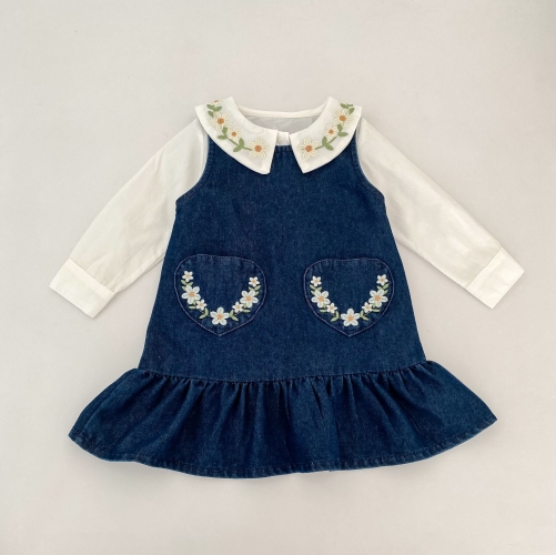 Autumn Infant Baby Kids Girls Long Sleeves Flowers Embroidered Collar Shirt and Dress Clothing Sets Wholesale Autumn Infant Baby Kids Girls Long Sleeves Flowers Embroidered Collar Shirt and Dress Clothing Sets Wholesale