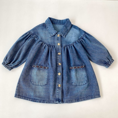 Spring and Autumn Infant Baby Girls Flowers Pattern Long Sleeves One Piece Denim Dress Wholesale
