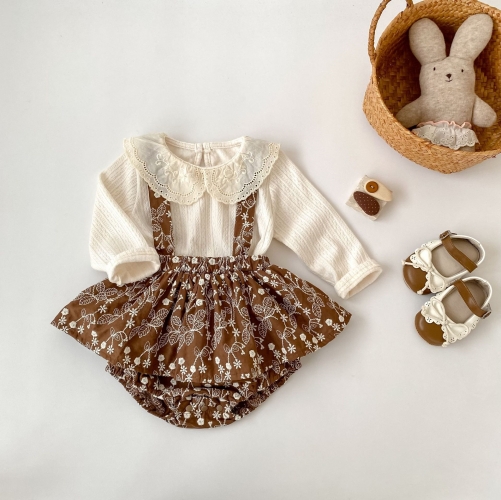 Autumn Infant Baby Kids Girls Long Sleeves Flowers Embroidered Collar Top and Vintage Overalls Clothing Sets Wholesale Autumn Infant Baby Kids Girls Long Sleeves Flowers Embroidered Collar Top and Vintage Overalls Clothing Sets Wholesale
