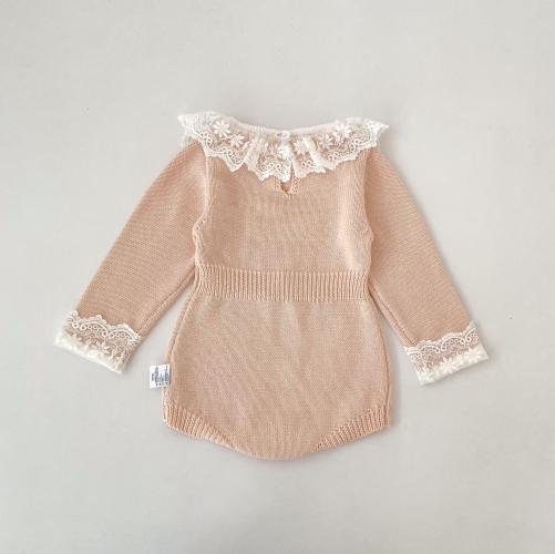 Spring and Autumn Infant Baby Girls Color Patchwork Long Sleeves Embroidered Knitted Onesies Wholesale