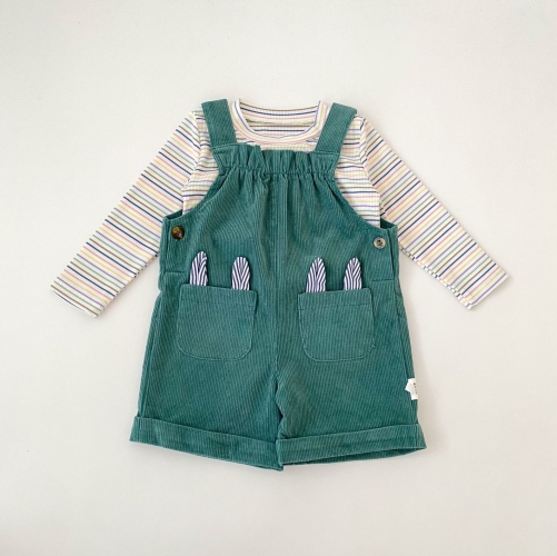 Autumn Infant Baby Kids Long Sleeves Striped Top and Green Overalls Clothing Sets Wholesale