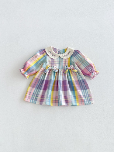 Spring and Autumn Infant Baby Girls Color Patchwork Long Sleeves Plaid Dress Wholesale Spring and Autumn Infant Baby Girls Color Patchwork Long Sleeves Plaid Dress Wholesale