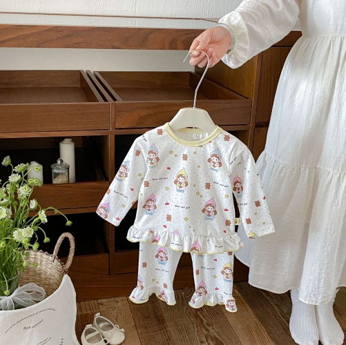 Autumn Infant Baby Kids Girls Long Sleeves Cartoon Pattern Top and Pants Clothing Sets Wholesale