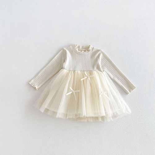 Spring and Autumn Infant Baby Girls Tulle Patchwork Long Sleeves Dress Wholesale