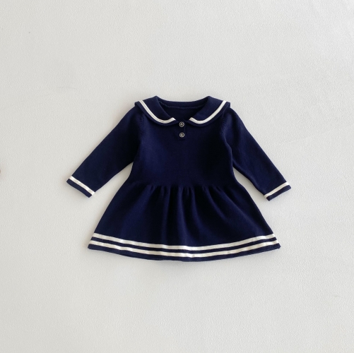 Spring and Autumn Infant Baby Girls Navy Collar Long Sleeves Knitted Dress Wholesale