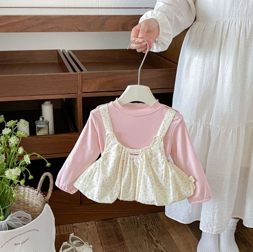 Autumn Infant Baby Kids Girls Long Sleeves Pink Top and Floral Strap Dress Clothing Sets Wholesale