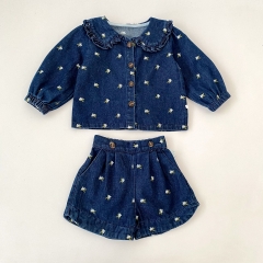 Autumn Infant Baby Kids Girls Long Sleeves Flowers Embroidered Denim Jacket and Shorts Clothing Sets Wholesale