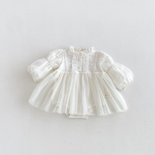 Spring and Autumn Infant Baby Girls Solid Color Long Sleeves One Piece Lace Trim Embroidered Onesies Dress Wholesale