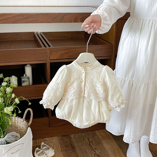 Spring and Autumn Infant Baby Girls Solid Color Long Sleeves One Piece Embroidered Onesies Wholesale