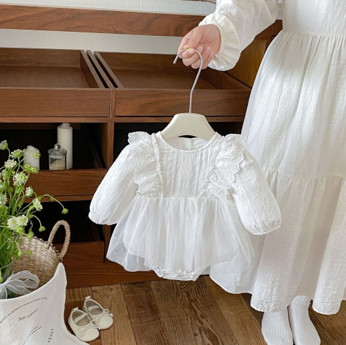Spring and Autumn Infant Baby Girls Solid Color Long Sleeves One Piece Embroidered Onesies Dress Wholesale