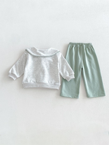 Autumn Infant Baby Kids Girls Long Sleeves Grey Navy Collar Pullover and Green Pants Clothing Sets Wholesale