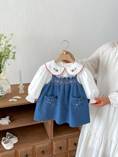 Autumn Infant Baby Kids Girls Long Sleeves Flowers Embroidered Collar Shirt and Sleeveless Denim Dress Clothing Sets Wholesale Autumn Infant Baby Kids Girls Long Sleeves Flowers Embroidered Collar Shirt and Sleeveless Denim Dress Clothing Sets Wholesale