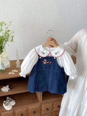 Autumn Infant Baby Kids Girls Long Sleeves Flowers Embroidered Collar Top and Sleeveless Denim Dress Clothing Sets Wholesale