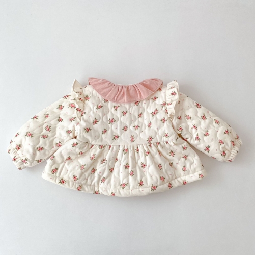 New Arrival Winter Infant Baby Kids Girls Flowers Pattern Fleece-lined Warm Long Sleeves Coat Wholesale