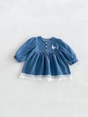 Spring and Autumn Infant Baby Girls Long Sleeves Lace Trim Denim Dress Wholesale