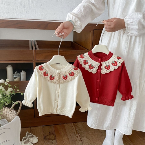 New Arrival Spring and Autumn Infant Baby Kids Girls Strawberry Pattern Collar Long Sleeves Cardigan Wholesale