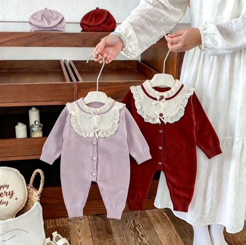 Spring and Autumn Infant Baby Girls Cute Lace Trim Color Patchwork Long Sleeve Knitted One Piece Rompers Wholesale