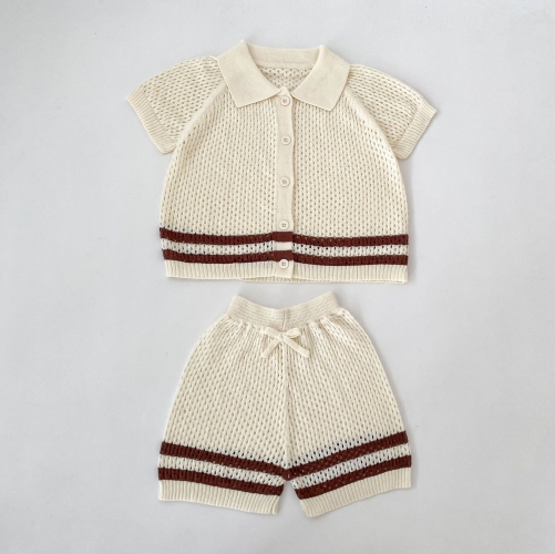 Summer Infant Baby Unisex Striped Pattern Short Sleeves Hollow-out Shirt and Shorts Set Wholesale