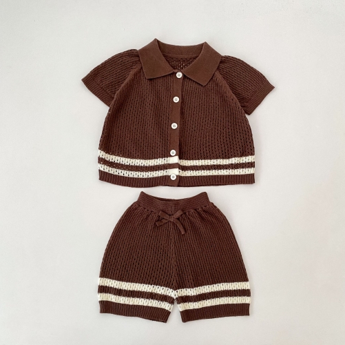 Summer Infant Baby Unisex Striped Pattern Short Sleeves Hollow-out Shirt and Shorts Set Wholesale Summer Infant Baby Unisex Striped Pattern Short Sleeves Hollow-out Shirt and Shorts Set Wholesale