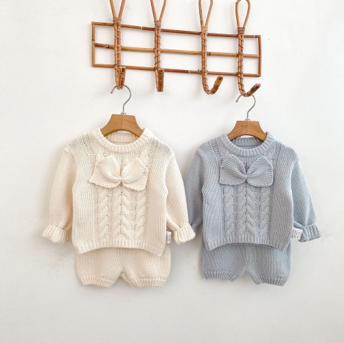 Autumn Infant Baby Kids Solid Color Long Sleeves Jacquard Sweater and Plain Shorts Knitted Clothing Sets Wholesale