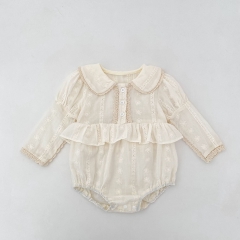 Spring and Autumn Infant Baby Girls Solid Color Long Sleeves One Piece Flowers Hollow-out Pattern Onesies Wholesale